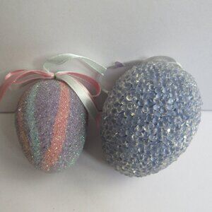 2 Sugar Beaded Pastel Egg Easter Ornaments Vintage Purple, Pink, Blue